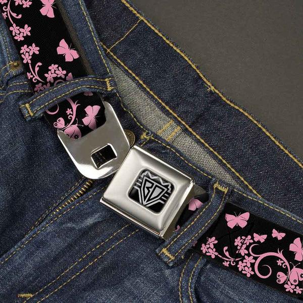 Buckle-Down BD Wings Logo CLOSE-UP Full Color Black Silver Seatbelt Belt - Butterfly Garden Black/Pink Webbing