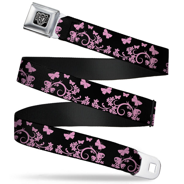 Buckle-Down BD Wings Logo CLOSE-UP Full Color Black Silver Seatbelt Belt - Butterfly Garden Black/Pink Webbing