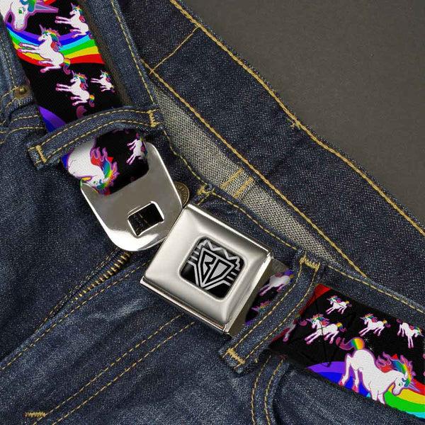 Buckle-Down BD Wings Logo CLOSE-UP Full Color Black Silver Seatbelt Belt - Unicorns/Rainbow Swirl Black Webbing