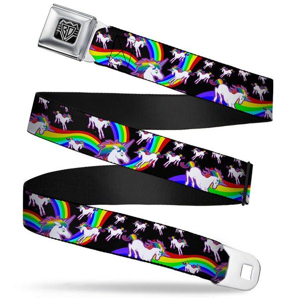 Buckle-Down BD Wings Logo CLOSE-UP Full Color Black Silver Seatbelt Belt - Unicorns/Rainbow Swirl Black Webbing