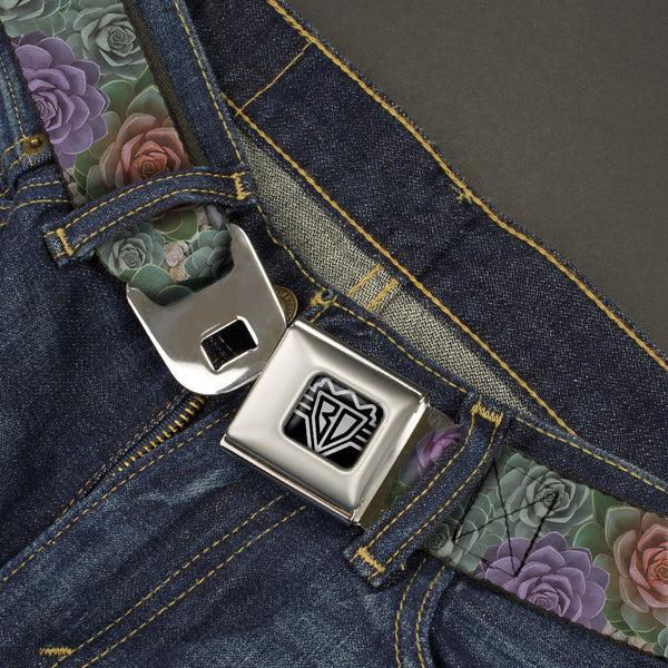 Buckle-Down BD Wings Logo CLOSE-UP Full Color Black Silver Seatbelt Belt - Succulents Stacked Green/Pink/Orange Webbing