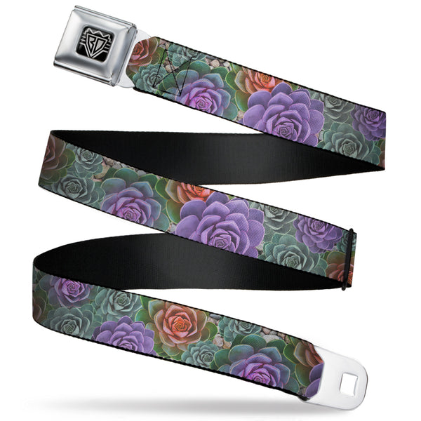 Buckle-Down BD Wings Logo CLOSE-UP Full Color Black Silver Seatbelt Belt - Succulents Stacked Green/Pink/Orange Webbing