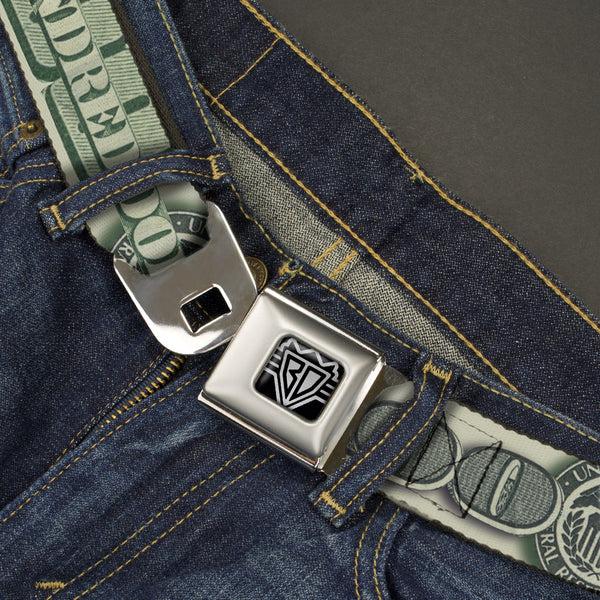 Buckle-Down BD Wings Logo CLOSE-UP Full Color Black Silver Seatbelt Belt - 100 Dollar Bill CLOSE-UP/Triple Benjamin Webbing