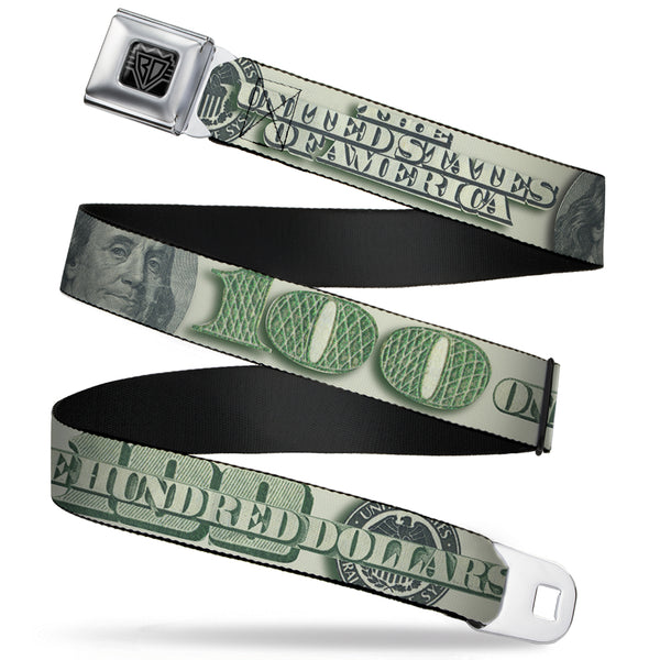 Buckle-Down BD Wings Logo CLOSE-UP Full Color Black Silver Seatbelt Belt - 100 Dollar Bill CLOSE-UP/Triple Benjamin Webbing