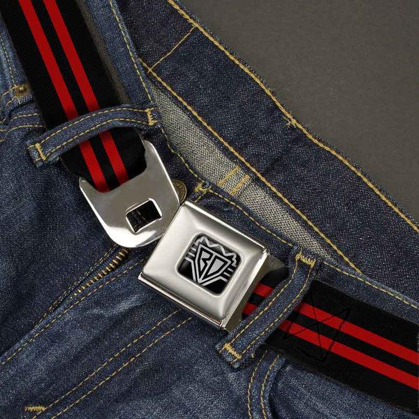 Buckle-Down BD Wings Logo CLOSE-UP Full Color Black Silver Seatbelt Belt - Stripe Black/Red Webbing