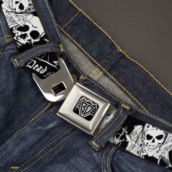 Buckle-Down BD Wings Logo CLOSE-UP Full Color Black Silver Seatbelt Belt - Dead Men Tell No Tales Black/White Webbing