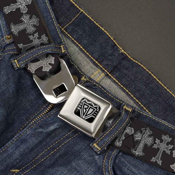 Buckle-Down BD Wings Logo CLOSE-UP Full Color Black Silver Seatbelt Belt - Elegant Crosses Black/Grays Webbing