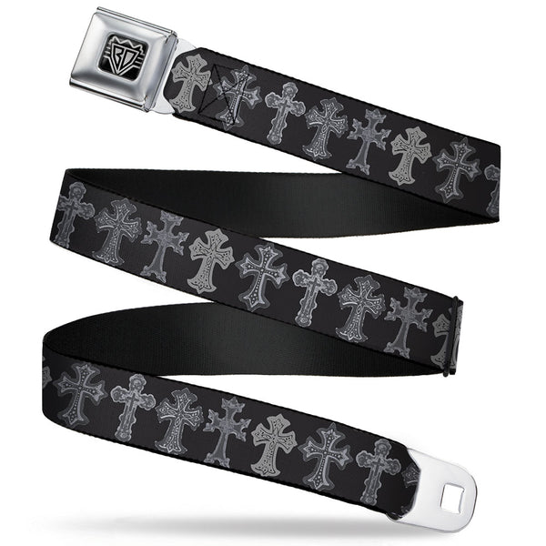 Buckle-Down BD Wings Logo CLOSE-UP Full Color Black Silver Seatbelt Belt - Elegant Crosses Black/Grays Webbing