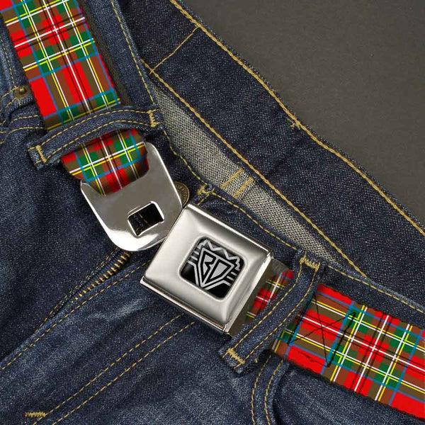 Buckle-Down BD Wings Logo CLOSE-UP Full Color Black Silver Seatbelt Belt - Tartan Plaid Red/Green Webbing