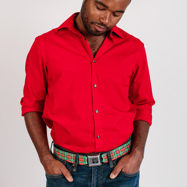 Buckle-Down BD Wings Logo CLOSE-UP Full Color Black Silver Seatbelt Belt - Tartan Plaid Red/Green Webbing