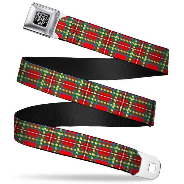 Buckle-Down BD Wings Logo CLOSE-UP Full Color Black Silver Seatbelt Belt - Tartan Plaid Red/Green Webbing