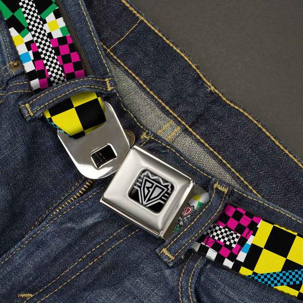 Buckle-Down BD Wings Logo CLOSE-UP Full Color Black Silver Seatbelt Belt - Funky Checkers Black/White/Neon Webbing