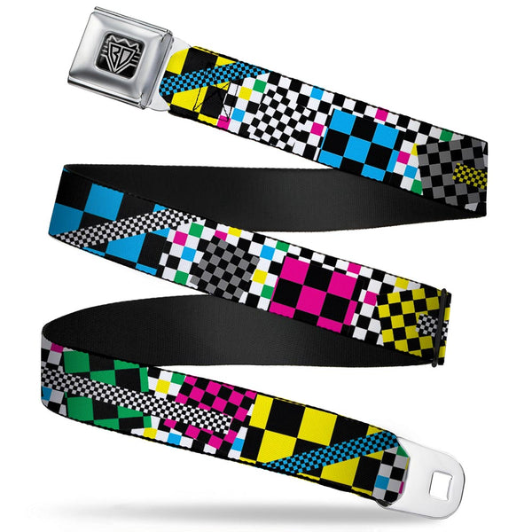 Buckle-Down BD Wings Logo CLOSE-UP Full Color Black Silver Seatbelt Belt - Funky Checkers Black/White/Neon Webbing