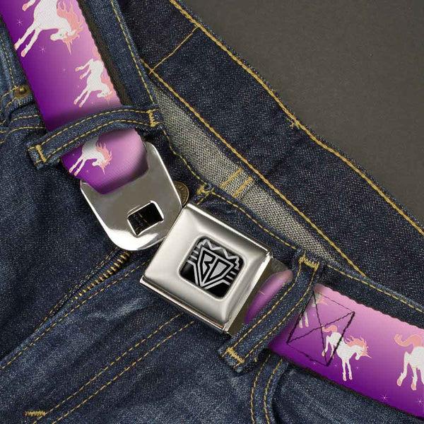 Buckle-Down BD Wings Logo CLOSE-UP Full Color Black Silver Seatbelt Belt - Unicorn Sparkles Purple/Pink Webbing