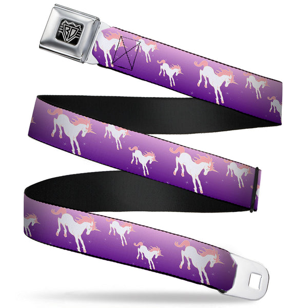 Buckle-Down BD Wings Logo CLOSE-UP Full Color Black Silver Seatbelt Belt - Unicorn Sparkles Purple/Pink Webbing
