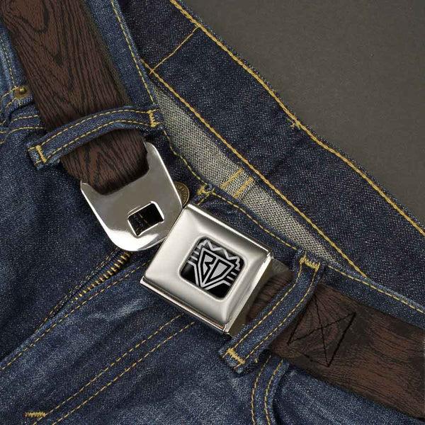 Buckle-Down BD Wings Logo CLOSE-UP Full Color Black Silver Seatbelt Belt - Wood Grain Walnut Webbing