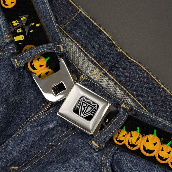 Buckle-Down BD Wings Logo CLOSE-UP Full Color Black Silver Seatbelt Belt - Jack-o'-Lanterns/Haunted House Black/Yellow Webbing