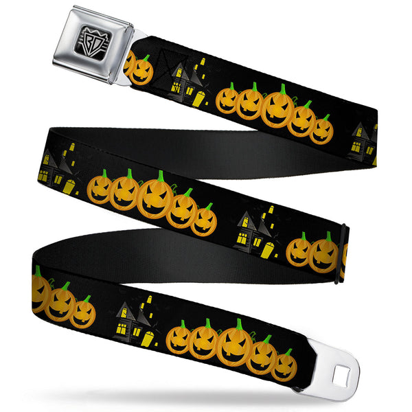 Buckle-Down BD Wings Logo CLOSE-UP Full Color Black Silver Seatbelt Belt - Jack-o'-Lanterns/Haunted House Black/Yellow Webbing