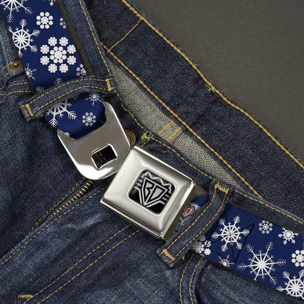 Buckle-Down BD Wings Logo CLOSE-UP Full Color Black Silver Seatbelt Belt - Snowflakes Blue/White Webbing