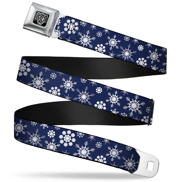 Buckle-Down BD Wings Logo CLOSE-UP Full Color Black Silver Seatbelt Belt - Snowflakes Blue/White Webbing