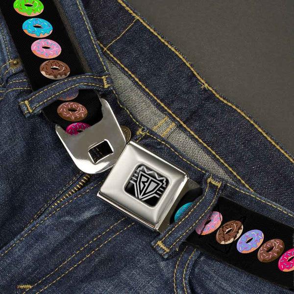 Buckle-Down BD Wings Logo CLOSE-UP Full Color Black Silver Seatbelt Belt - Sprinkle Donuts Black/Multi Color Webbing