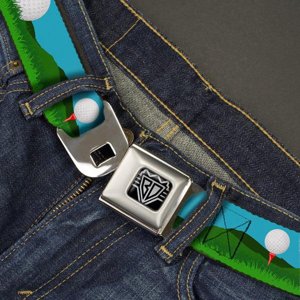 Buckle-Down BD Wings Logo CLOSE-UP Full Color Black Silver Seatbelt Belt - Golf Course/Balls/Holes Blues/Greens Webbing