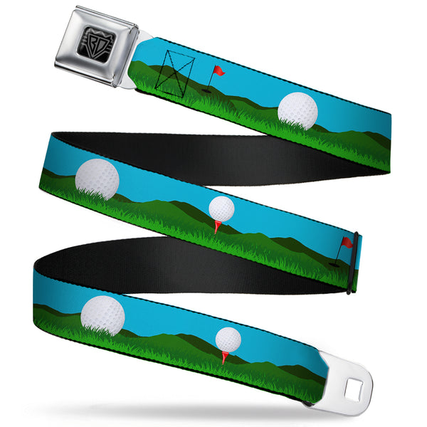 Buckle-Down BD Wings Logo CLOSE-UP Full Color Black Silver Seatbelt Belt - Golf Course/Balls/Holes Blues/Greens Webbing