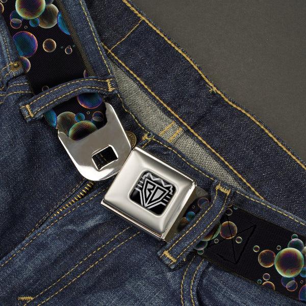 Buckle-Down BD Wings Logo CLOSE-UP Full Color Black Silver Seatbelt Belt - Bubbles Black/Iridescent Multi Color Webbing