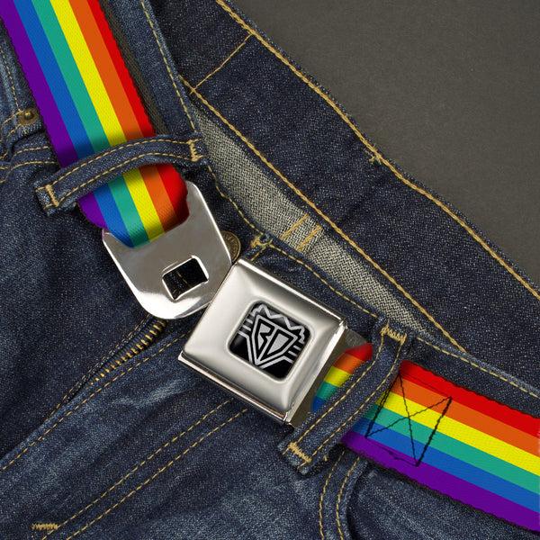Buckle-Down BD Wings Logo CLOSE-UP Full Color Black Silver Seatbelt Belt - Rainbow Print Webbing