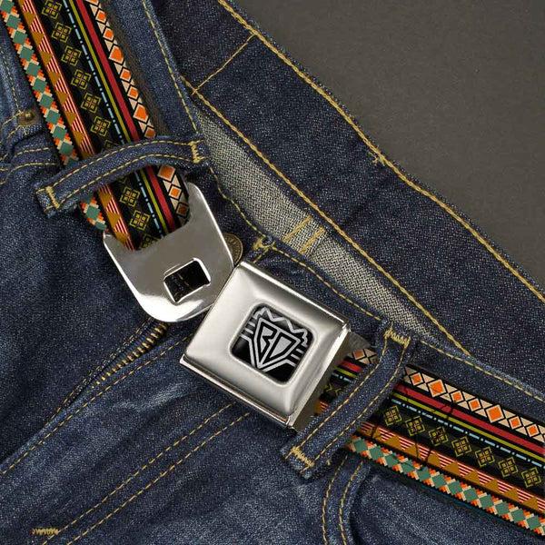 Buckle-Down BD Wings Logo CLOSE-UP Full Color Black Silver Seatbelt Belt - Aztec5 Reds/Blues/Greens/Yellows Webbing