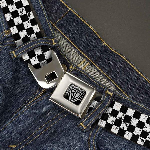 Buckle-Down BD Wings Logo CLOSE-UP Full Color Black Silver Seatbelt Belt - Checker Weathered Black/White Webbing