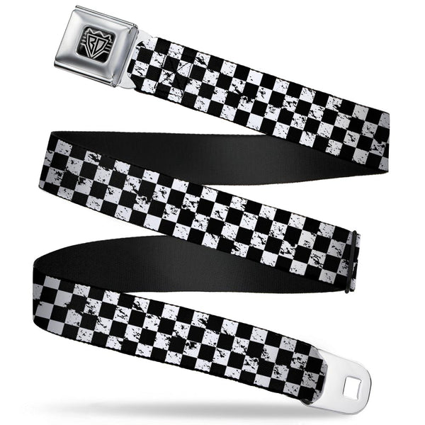 Buckle-Down BD Wings Logo CLOSE-UP Full Color Black Silver Seatbelt Belt - Checker Weathered Black/White Webbing