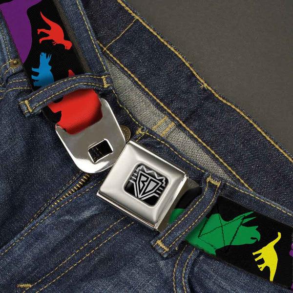 Buckle-Down BD Wings Logo CLOSE-UP Full Color Black Silver Seatbelt Belt - Dinosaur Silhouette Black/Multi Color Webbing