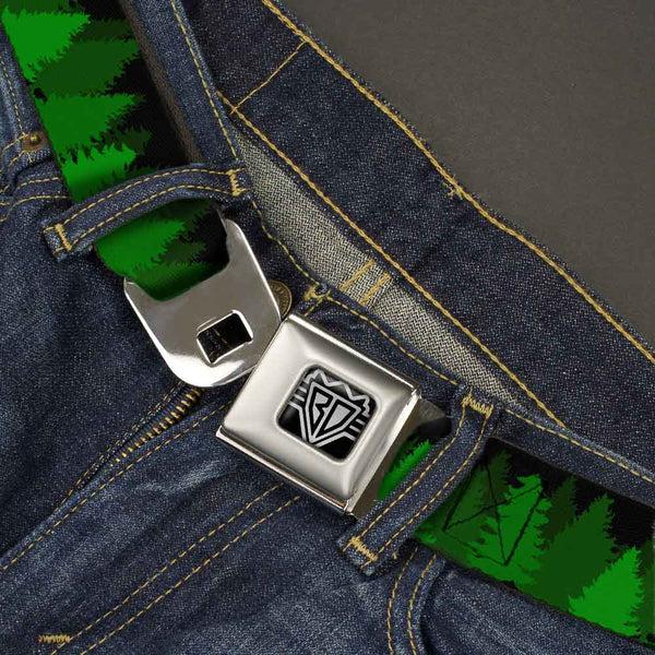 Buckle-Down BD Wings Logo CLOSE-UP Full Color Black Silver Seatbelt Belt - Pine Tree Silhouettes Black/Greens Webbing