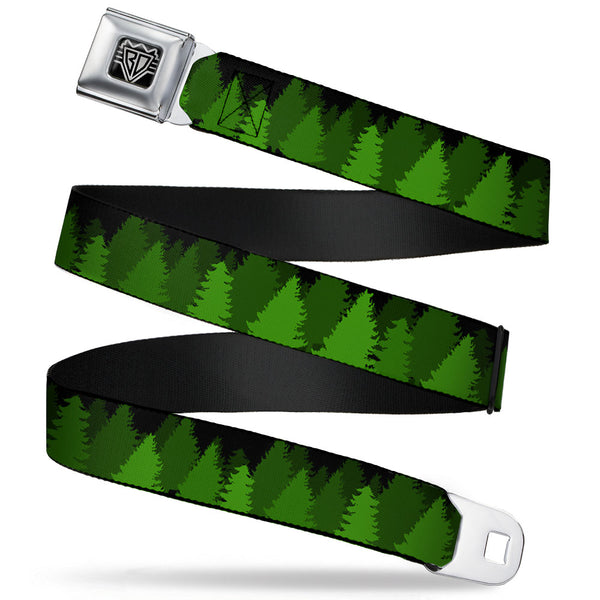 Buckle-Down BD Wings Logo CLOSE-UP Full Color Black Silver Seatbelt Belt - Pine Tree Silhouettes Black/Greens Webbing