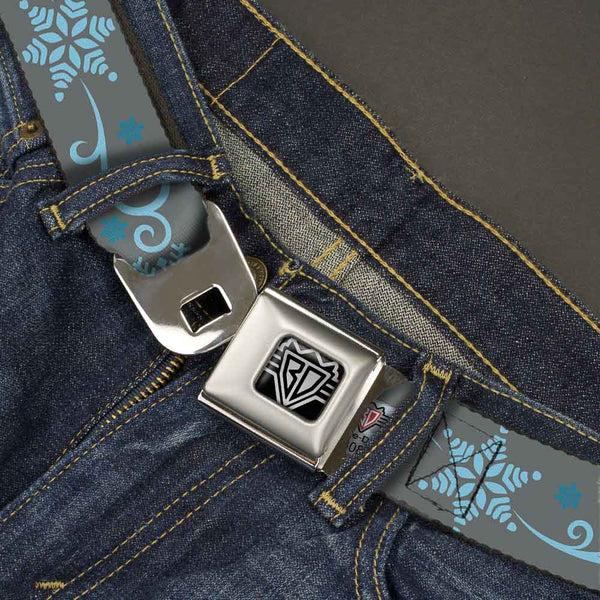Buckle-Down BD Wings Logo CLOSE-UP Full Color Black Silver Seatbelt Belt - Holiday Snowflakes Gray/Blue Webbing