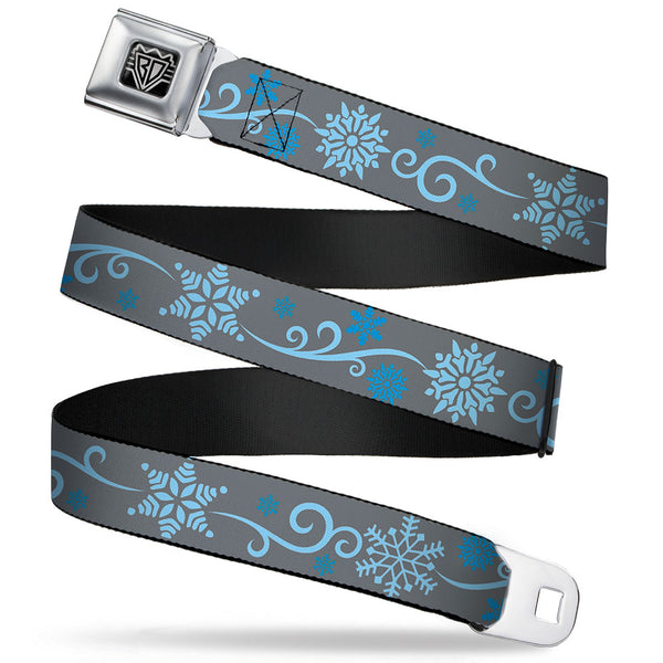 Buckle-Down BD Wings Logo CLOSE-UP Full Color Black Silver Seatbelt Belt - Holiday Snowflakes Gray/Blue Webbing