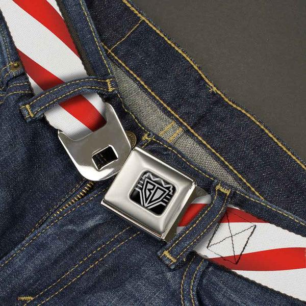 Buckle-Down BD Wings Logo CLOSE-UP Full Color Black Silver Seatbelt Belt - Candy Cane Webbing