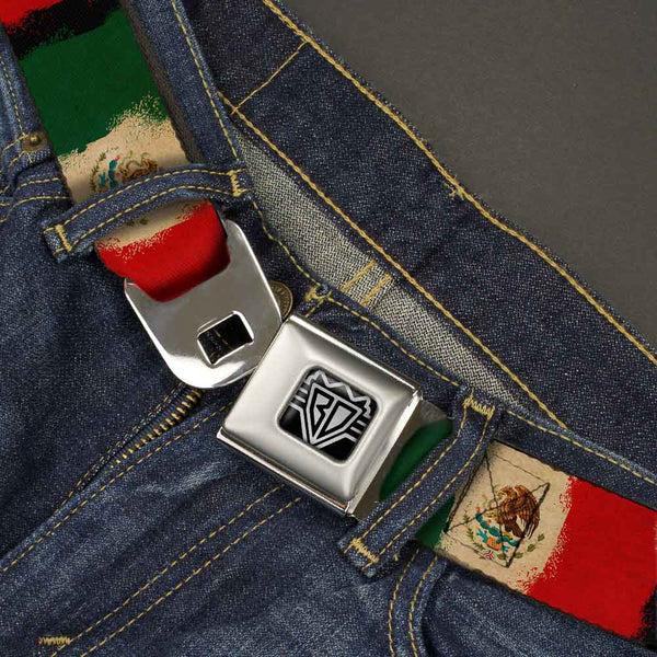 Buckle-Down BD Wings Logo CLOSE-UP Full Color Black Silver Seatbelt Belt - Mexico Flag Distressed Painting Webbing