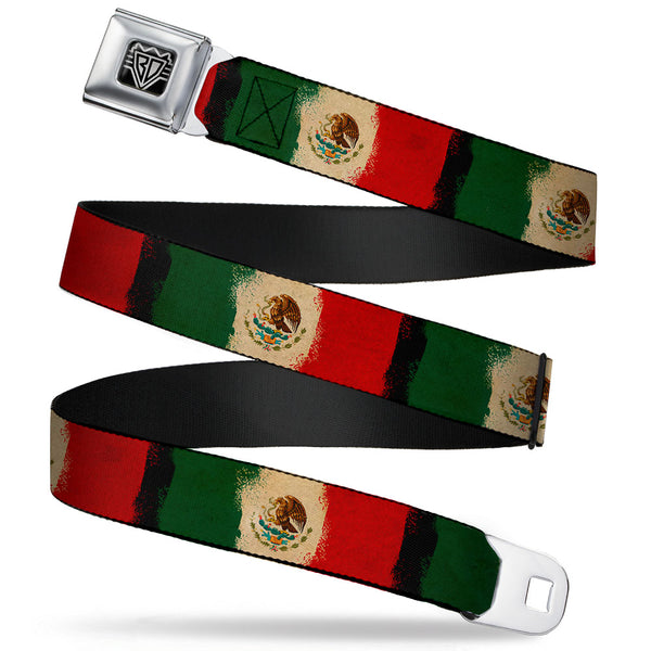 Buckle-Down BD Wings Logo CLOSE-UP Full Color Black Silver Seatbelt Belt - Mexico Flag Distressed Painting Webbing