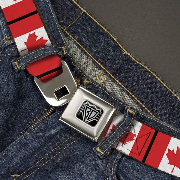 Buckle-Down BD Wings Logo CLOSE-UP Full Color Black Silver Seatbelt Belt - Canada Flags Webbing
