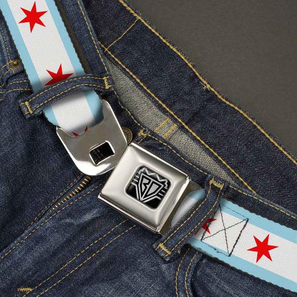 Buckle-Down BD Wings Logo CLOSE-UP Full Color Black Silver Seatbelt Belt - Chicago Flag Webbing