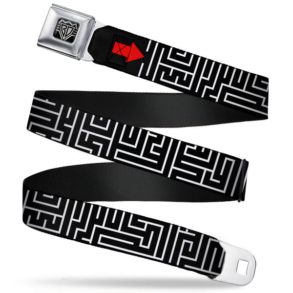 Buckle-Down BD Wings Logo CLOSE-UP Full Color Black Silver Seatbelt Belt - Maze Black/White/Red Webbing