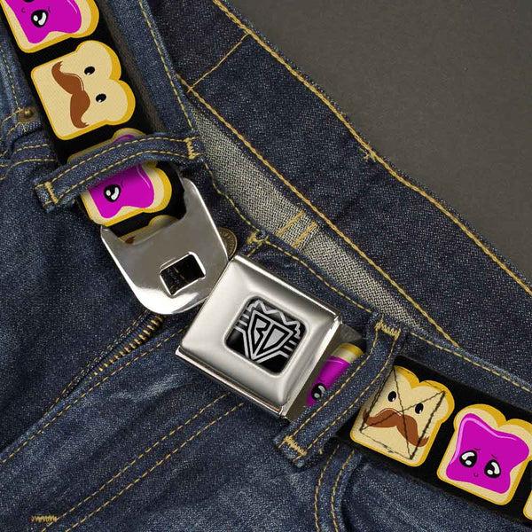 Buckle-Down BD Wings Logo CLOSE-UP Full Color Black Silver Seatbelt Belt - Peanut Butter W/Mustache & Jelly Webbing