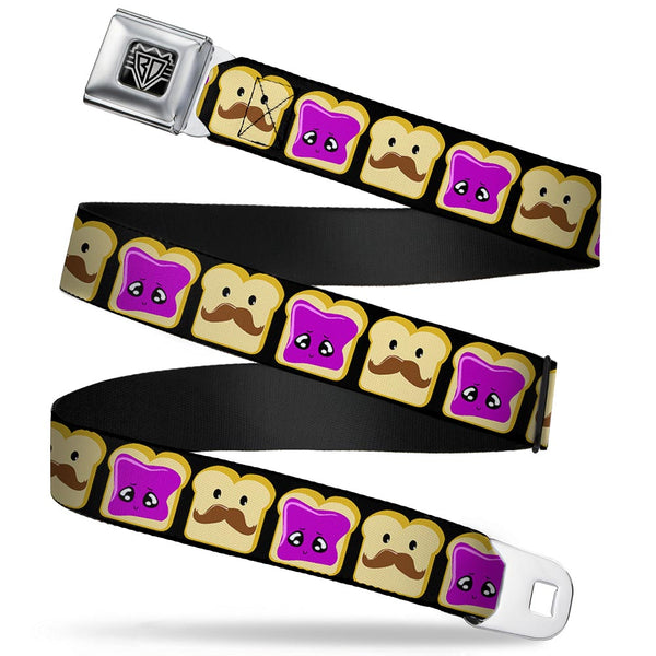 Buckle-Down BD Wings Logo CLOSE-UP Full Color Black Silver Seatbelt Belt - Peanut Butter w/Mustache & Jelly Webbing