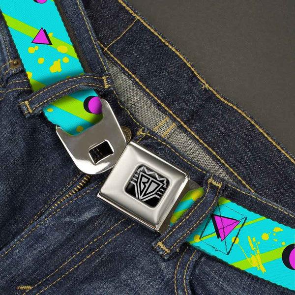 Buckle-Down BD Wings Logo CLOSE-UP Full Color Black Silver Seatbelt Belt - Eighties Party Blue/Yellow/Pink Webbing