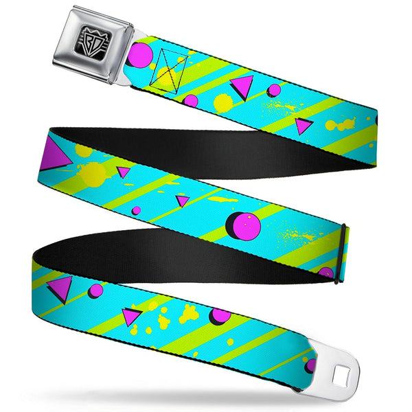 Buckle-Down BD Wings Logo CLOSE-UP Full Color Black Silver Seatbelt Belt - Eighties Party Blue/Yellow/Pink Webbing