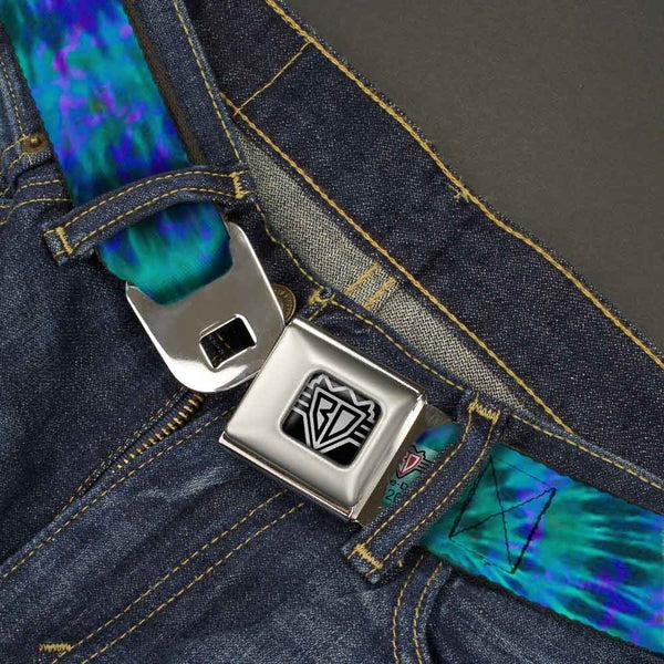 Buckle-Down BD Wings Logo CLOSE-UP Full Color Black Silver Seatbelt Belt - Tie Dye Green/Blue/Purple Webbing