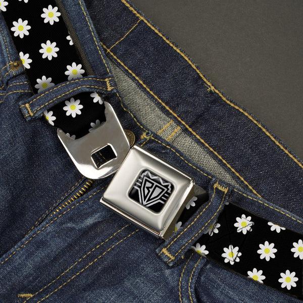 Buckle-Down BD Wings Logo CLOSE-UP Full Color Black Silver Seatbelt Belt - Daisies Scattered Black/White/Yellow Webbing