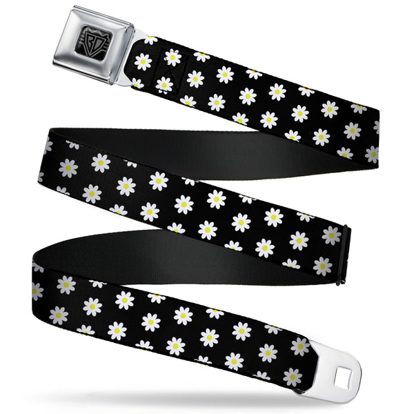 Buckle-Down BD Wings Logo CLOSE-UP Full Color Black Silver Seatbelt Belt - Daisies Scattered Black/White/Yellow Webbing